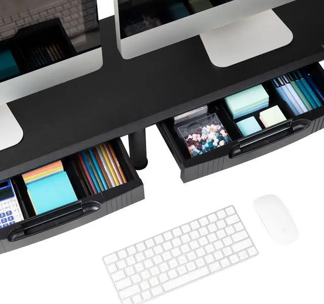 Alt view image 5 of 7 - Mind Reader Dual Monitor Stand, Height Adjustable, Desktop Organizer, Laptop Riser, Office, 38.5" L x 11" W x 2.55-6.5" H, Black
