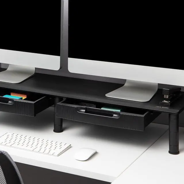 Alt view image 6 of 7 - Mind Reader Dual Monitor Stand, Height Adjustable, Desktop Organizer, Laptop Riser, Office, 38.5" L x 11" W x 2.55-6.5" H, Black