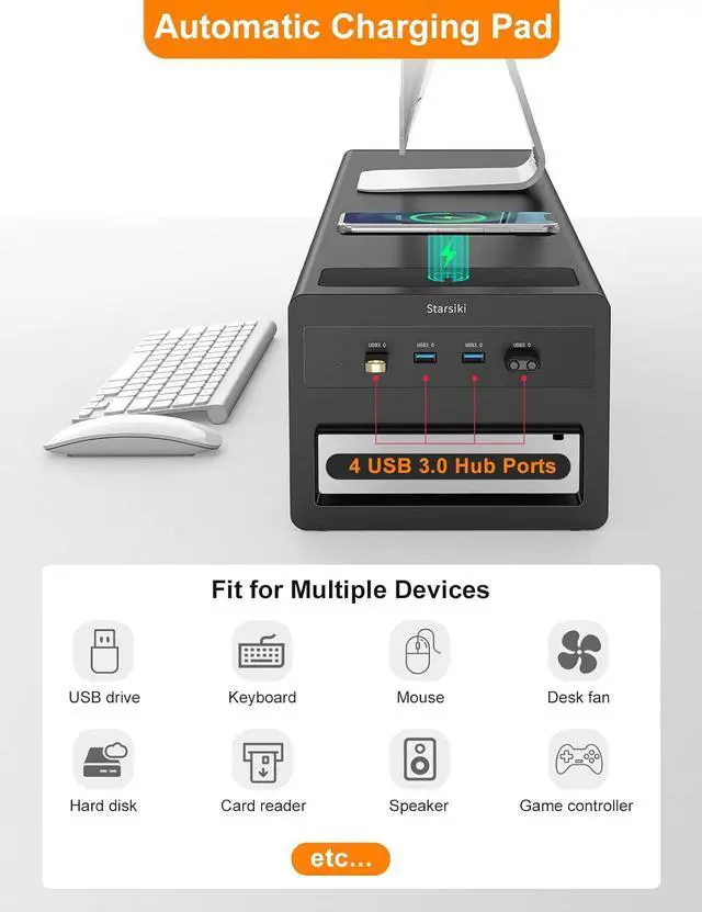 Alt view image 4 of 7 - 2 Tiers Dual Monitor Stand with Auto Charging Pad, 4 USB 3.0 Hub Ports, Double Monitor Riser, Metal Desk Stand with Storage, Long Screen Raiser for 2 Monitors/PC/Laptop/Computer Space Saver Organizer