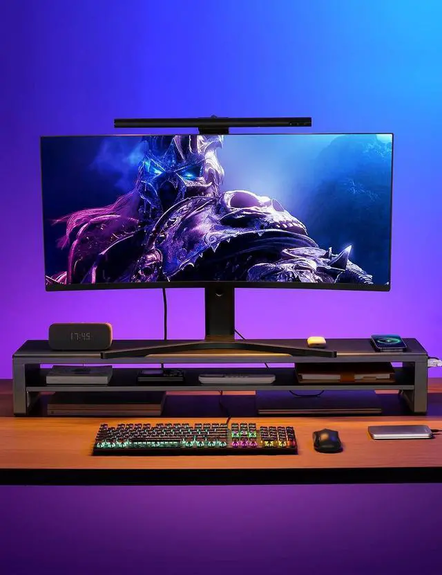 Alt view image 2 of 7 - 2 Tiers Dual Monitor Stand with Auto Charging Pad, 4 USB 3.0 Hub Ports, Double Monitor Riser, Metal Desk Stand with Storage, Long Screen Raiser for 2 Monitors/PC/Laptop/Computer Space Saver Organizer