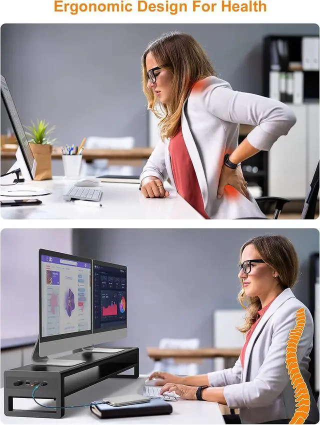 Alt view image 6 of 7 - 2 Tiers Dual Monitor Stand with Auto Charging Pad, 4 USB 3.0 Hub Ports, Double Monitor Riser, Metal Desk Stand with Storage, Long Screen Raiser for 2 Monitors/PC/Laptop/Computer Space Saver Organizer