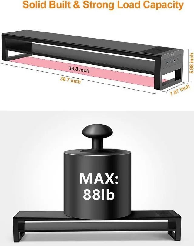 Alt view image 3 of 7 - 2 Tiers Dual Monitor Stand with Auto Charging Pad, 4 USB 3.0 Hub Ports, Double Monitor Riser, Metal Desk Stand with Storage, Long Screen Raiser for 2 Monitors/PC/Laptop/Computer Space Saver Organizer