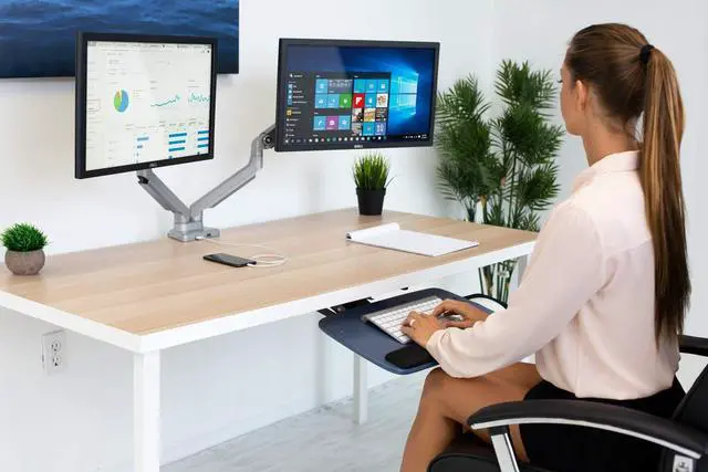 Alt view image 2 of 7 - Mount-It! Dual Monitor Arm Mount Desk Stand | 2 x 3.0 USB Ports | Articulating Mechanical Spring Height Adjustable | Fits Two 24 27 29 30 32 Inch VESA 75 100 Compatible Screens | C-Clamp and Grommet