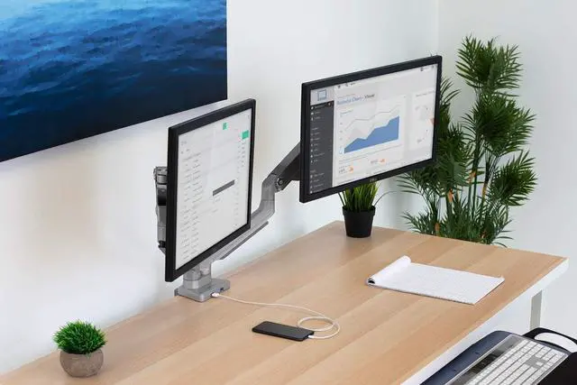 Alt view image 3 of 7 - Mount-It! Dual Monitor Arm Mount Desk Stand | 2 x 3.0 USB Ports | Articulating Mechanical Spring Height Adjustable | Fits Two 24 27 29 30 32 Inch VESA 75 100 Compatible Screens | C-Clamp and Grommet