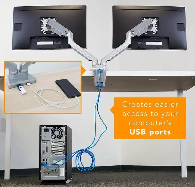 Alt view image 5 of 7 - Mount-It! Dual Monitor Arm Mount Desk Stand | 2 x 3.0 USB Ports | Articulating Mechanical Spring Height Adjustable | Fits Two 24 27 29 30 32 Inch VESA 75 100 Compatible Screens | C-Clamp and Grommet