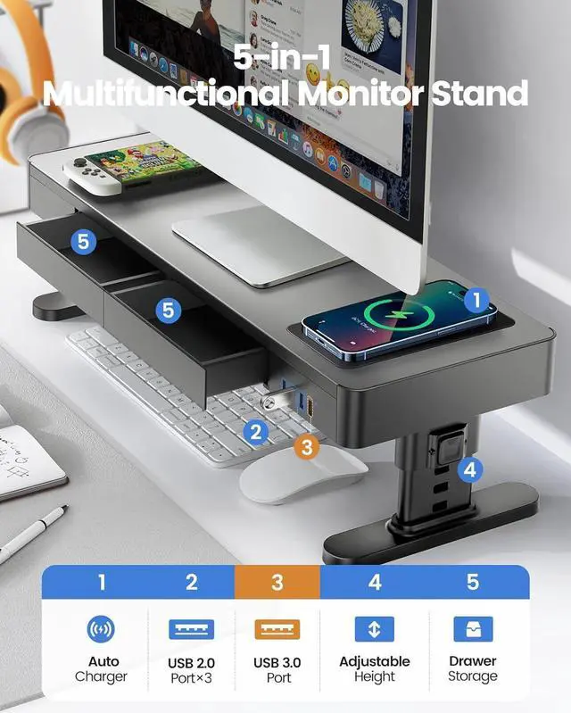 Alt view image 2 of 7 - meatanty Monitor Stand Heights Adjustable, Computer Riser with Auto Phone Charger, 4 USB Ports Hub and Drawer Storage, Metal Desktop Organizer Lifter Shelf for PC Screen Studio Display Office Gaming