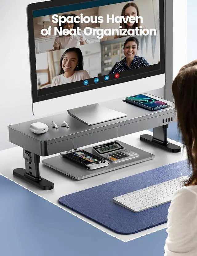 Alt view image 5 of 7 - meatanty Monitor Stand Heights Adjustable, Computer Riser with Auto Phone Charger, 4 USB Ports Hub and Drawer Storage, Metal Desktop Organizer Lifter Shelf for PC Screen Studio Display Office Gaming