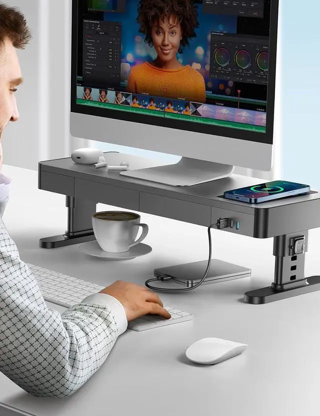 Alt view image 6 of 7 - meatanty Monitor Stand Heights Adjustable, Computer Riser with Auto Phone Charger, 4 USB Ports Hub and Drawer Storage, Metal Desktop Organizer Lifter Shelf for PC Screen Studio Display Office Gaming