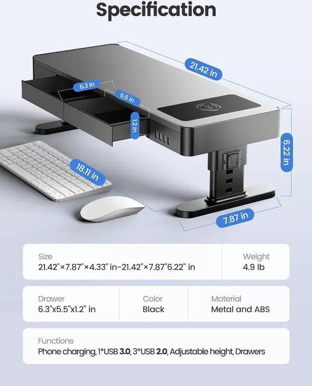 Alt view image 7 of 7 - meatanty Monitor Stand Heights Adjustable, Computer Riser with Auto Phone Charger, 4 USB Ports Hub and Drawer Storage, Metal Desktop Organizer Lifter Shelf for PC Screen Studio Display Office Gaming