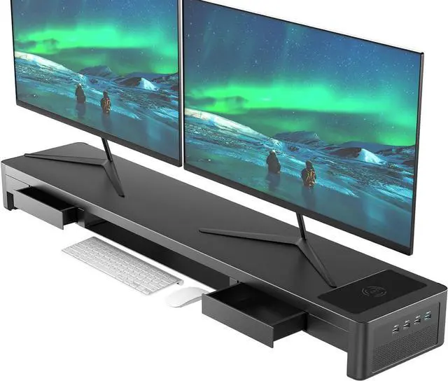 Main image of Dual Monitor Stand Riser with Drawers and Audio,4 USB Ports and Charging Pad, Metal Monitor Stand with Storage for 2 Monitors, Desk Monitor Stand for Office, Laptop, PC, iMac up to 32 Inches