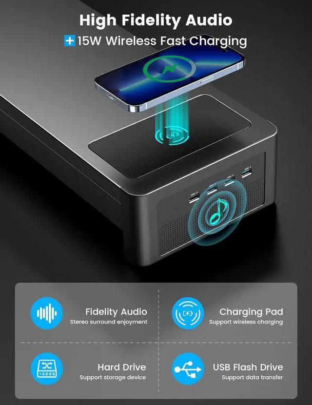 Alt view image 2 of 5 - Dual Monitor Stand Riser with Drawers and Audio,4 USB Ports and Charging Pad, Metal Monitor Stand with Storage for 2 Monitors, Desk Monitor Stand for Office, Laptop, PC, iMac up to 32 Inches