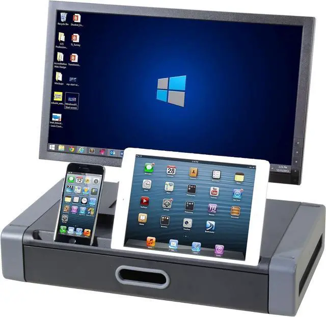 Alt view image 4 of 7 - Kantek Monitor Riser with Drawer & Smartphone/Tablet Slot, 19-Inch Wide x 11-Inch Deep x 4-Inch High, Black/Dark Grey (MS760)
