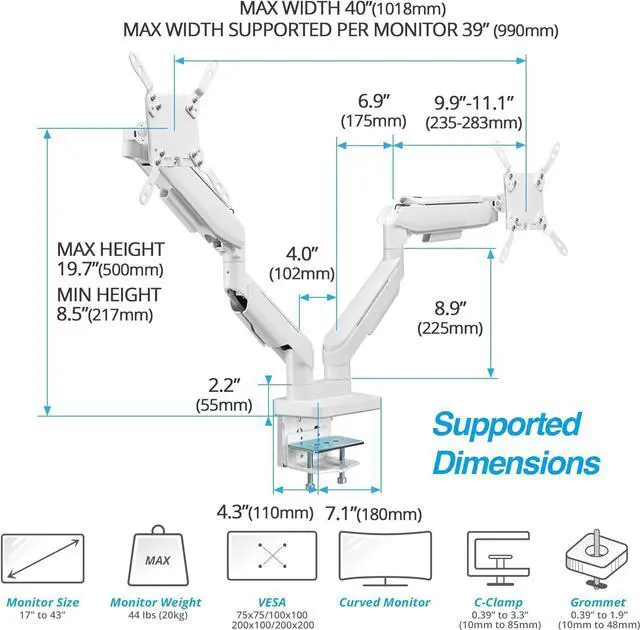 Alt view image 4 of 7 - AVLT RGB Lights Dual 17-43 Gaming Monitor Arm Desk Mount, Fits Two Flat/Curved/Ultrawide Screen up to 44lbs(20kg), Height Swivel Tilt Adjustable Stand  White