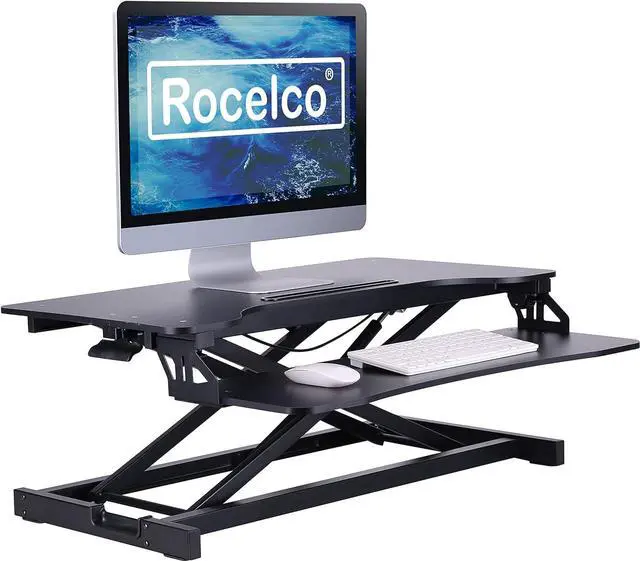 Main image of Rocelco Standing Desk Converter 31.5 Inch Sit Stand Up Dual Monitor Tabletop Riser with Tablet Mount, Height Adjustable Home Office Workstation - Deep Keyboard Tray for Laptop Mouse - Black (R VADRB)