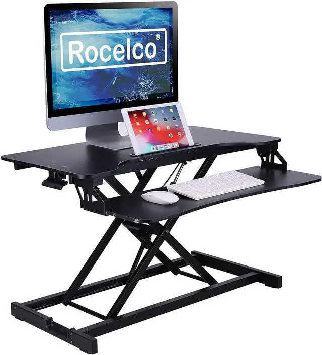 Alt view image 5 of 6 - Rocelco Standing Desk Converter 31.5 Inch Sit Stand Up Dual Monitor Tabletop Riser with Tablet Mount, Height Adjustable Home Office Workstation - Deep Keyboard Tray for Laptop Mouse - Black (R VADRB)