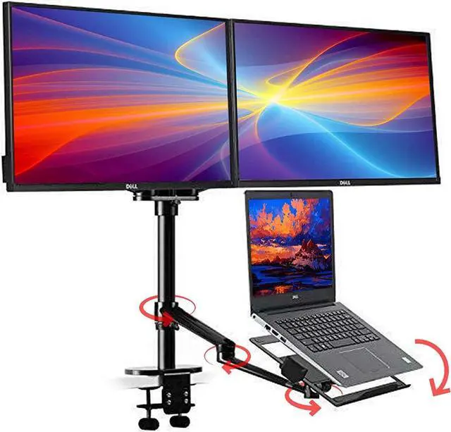 Main image of Height Adjustable 3 in 1 Laptop Monitor Stand Compatible with 13 to 17.3 inch Laptop, Hold 2 Monitors 11 to 27 inch with Vesa, Monitor Desk Stand arm Riser Mount Stand Workstation (Black)