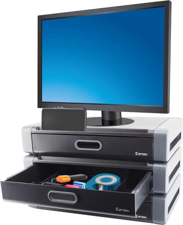 Alt view image 6 of 7 - Kantek Monitor Riser with Drawer & Smartphone/Tablet Slot, 19-Inch Wide x 11-Inch Deep x 4-Inch High, Black/Dark Grey (MS760)