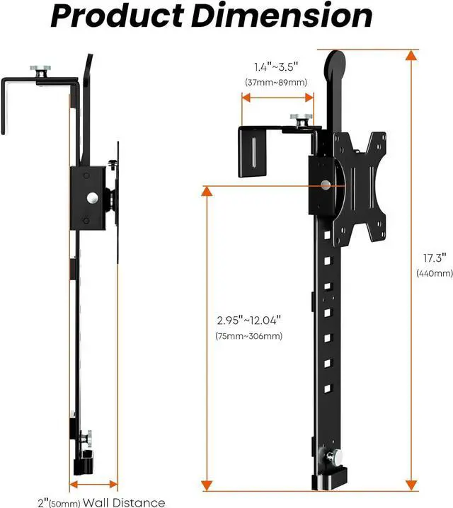 Alt view image 6 of 7 - PUTORSEN 13 to 35 inch Cubicle Monitor Hanger,Height Adjustable Hanging Monitor Mount, Monitor Cubicle with VESA Mount 75×75mm and 100×100mm, Clamp Hook Top Holds Up to 26.4 lbs, Black, YPT18-H01