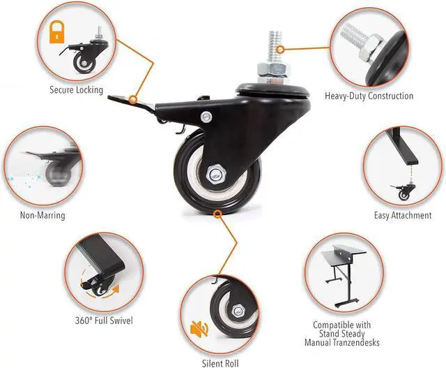 Alt view image 3 of 7 - Stand Steady Attachable Desk Wheels | Set of 4 Locking Casters | Easy-Roll and Non-Marring | Full Swivel Wheels Compatible with Tranzendesk Standing Desks (2 Inch/Black)