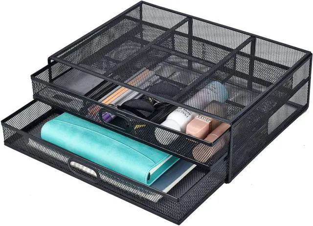 Main image of Monitor Stand Riser with Drawer - Metal Mesh Desk Organizer with Dual Pull Out Storage Drawer, Printer Holder with Pull Out Storage Drawe