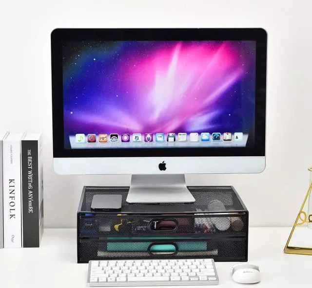 Alt view image 3 of 7 - Monitor Stand Riser with Drawer - Metal Mesh Desk Organizer with Dual Pull Out Storage Drawer, Printer Holder with Pull Out Storage Drawe