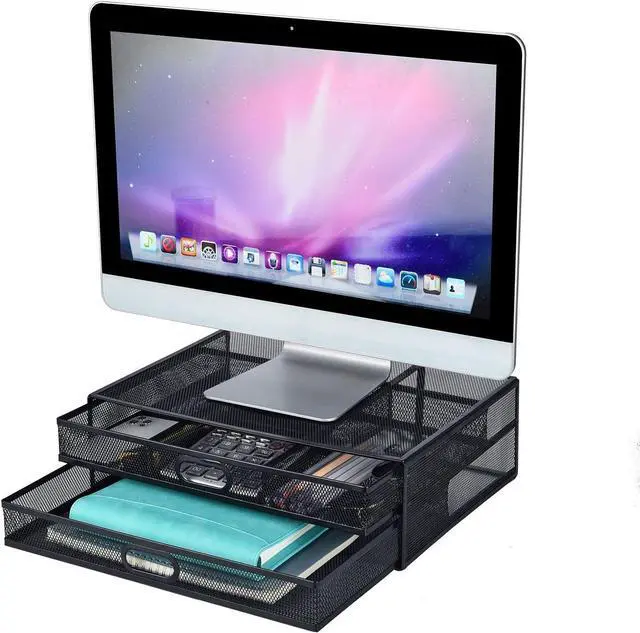 Alt view image 2 of 7 - Monitor Stand Riser with Drawer - Metal Mesh Desk Organizer with Dual Pull Out Storage Drawer, Printer Holder with Pull Out Storage Drawe