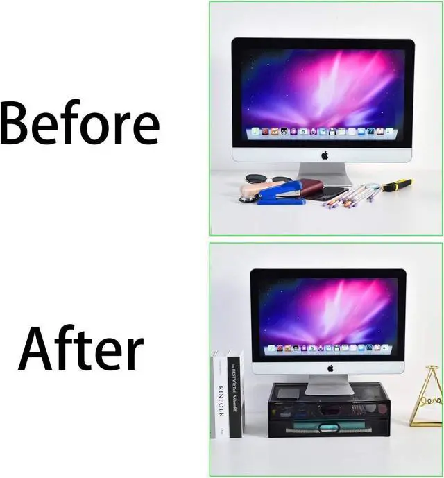 Alt view image 5 of 7 - Monitor Stand Riser with Drawer - Metal Mesh Desk Organizer with Dual Pull Out Storage Drawer, Printer Holder with Pull Out Storage Drawe