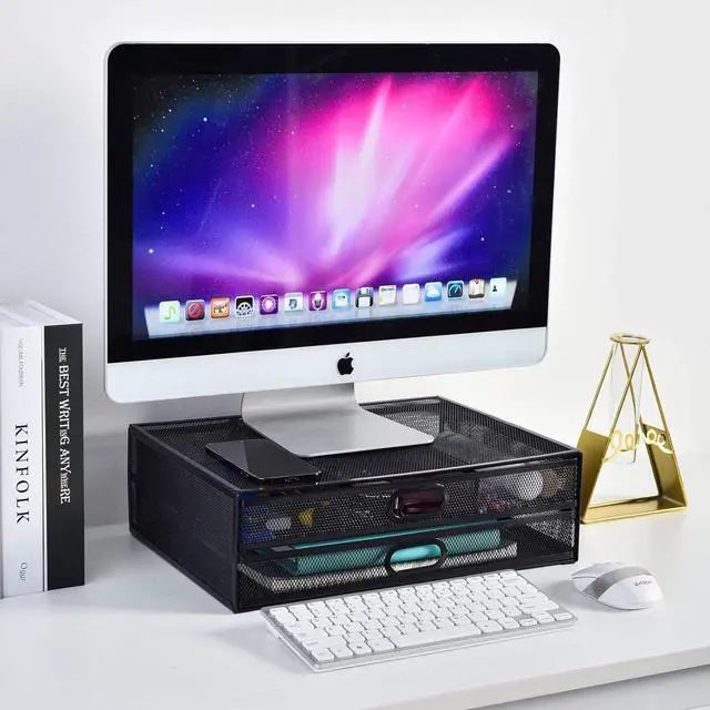 Alt view image 4 of 7 - Monitor Stand Riser with Drawer - Metal Mesh Desk Organizer with Dual Pull Out Storage Drawer, Printer Holder with Pull Out Storage Drawe