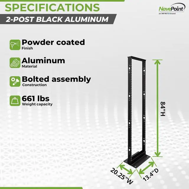 Alt view image 4 of 7 - NavePoint 45U 2 Post Open Frame Server Rack for 19 Inch Equipment, AV, Networking, Data & IT Devices, 2-Post Rack 45U 881lbs Weight Capacity, Black