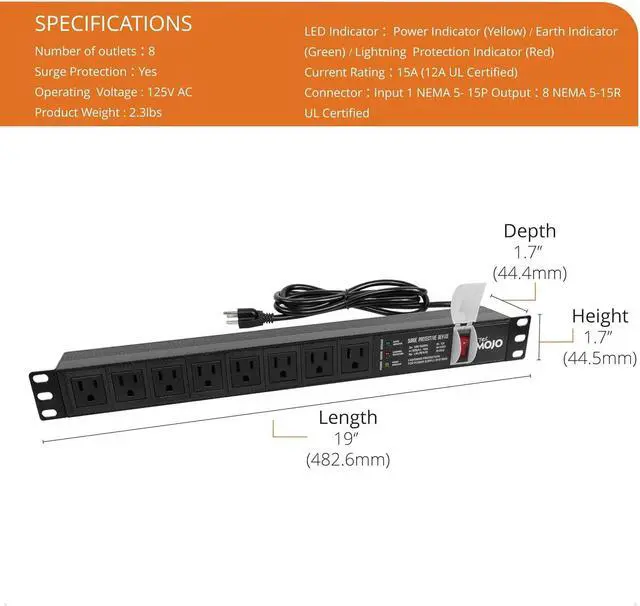 Alt view image 3 of 6 - 1U Rack-Mount Horizontal 8-Outlet Power Strip UL Listed PDU with Surge Protection LED Indicators 6ft Cord Power Distribution for IT and Network Server Racks