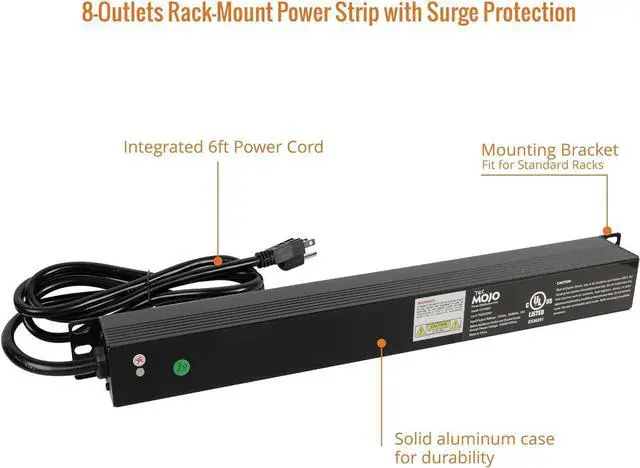 Alt view image 4 of 6 - Tecmojo 1U Rack-Mount Horizontal 8-Outlet Power Strip UL Listed PDU with Surge Protection LED Indicators 6ft Cord Power Distribution for IT and Network Server Racks