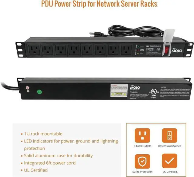 Alt view image 6 of 6 - Tecmojo 1U Rack-Mount Horizontal 8-Outlet Power Strip UL Listed PDU with Surge Protection LED Indicators 6ft Cord Power Distribution for IT and Network Server Racks