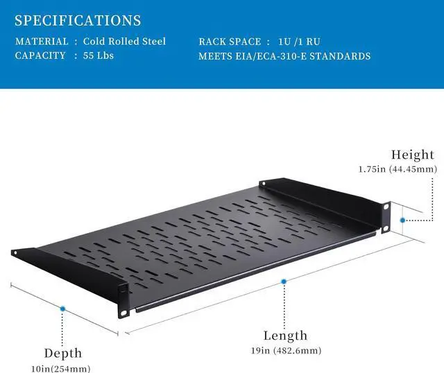 Alt view image 2 of 6 - RackPath 1U Cantilever Universal Rack Shelf - 10in Deep  Rackmount Shelf for 19 AV/Network Equipment Racks  55lbs Capacity - 2Pack