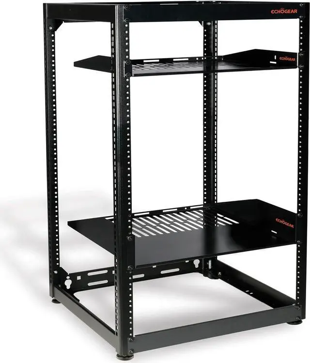 Main image of ECHOGEAR 20U Open Frame Rack for Servers & AV Gear - Wall Mountable Design Includes 2x Vented Shelves, 25x Rack Mounting Screws, 4x Leveling Feet, 4x Shelf Stops, & 2x Securement Straps