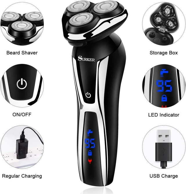 Alt view image 4 of 7 - SURKER Electric Shaver Razor Cordless Beard Trimmer for Men Nose Hair Trimmer 3 in 1 Grooming Kit Plus 1 Facial Cleansing Brush Waterproof USB Rechargeable Dry Wet