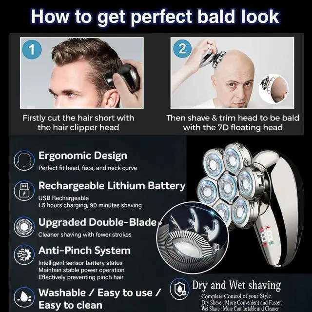 Alt view image 4 of 7 - BaraZ Head Shavers for Bald Men, Anti-pinch Electric Razor for Men, 7D Electric Shaver for Man, 6-in-1 Men's Grooming Kit with Beard, Nose Hair Trimmer, Hair Clippers, Wet and Dry skull shaver