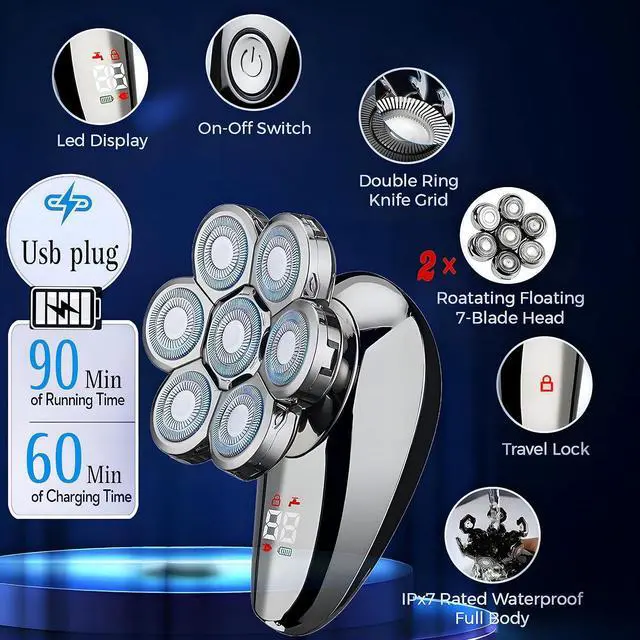 Alt view image 5 of 7 - BaraZ Head Shavers for Bald Men, Anti-pinch Electric Razor for Men, 7D Electric Shaver for Man, 6-in-1 Men's Grooming Kit with Beard, Nose Hair Trimmer, Hair Clippers, Wet and Dry skull shaver