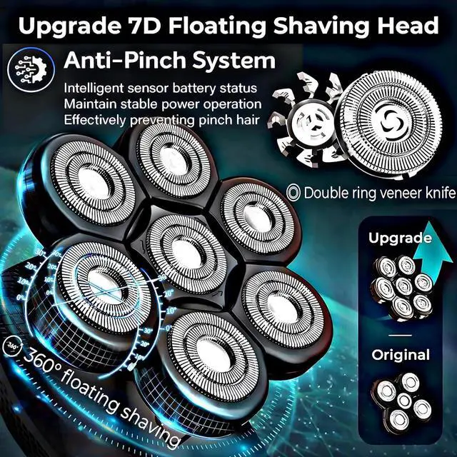 Alt view image 6 of 7 - BaraZ Head Shavers for Bald Men, Anti-pinch Electric Razor for Men, 7D Electric Shaver for Man, 6-in-1 Men's Grooming Kit with Beard, Nose Hair Trimmer, Hair Clippers, Wet and Dry skull shaver