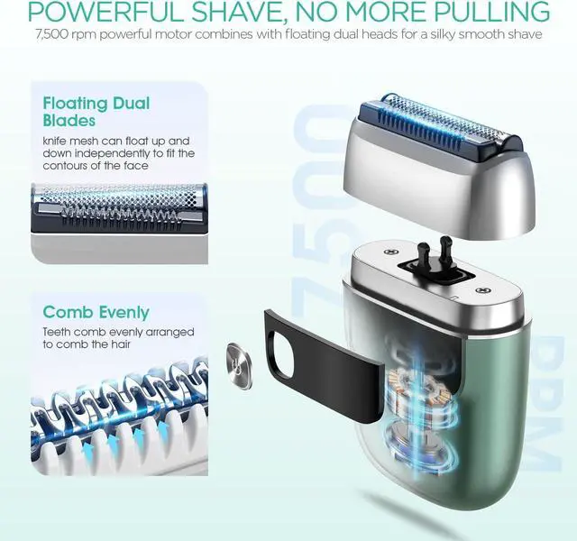 Alt view image 3 of 6 - VOYOR Foil Shaver 2 in 1 Double Shavers for Men,Portable Electric Razor with Rechargeable Foil Razor Multifunction Grooming Barber Shaver IPX6 Washable Travel Shavers ER300 (Green)