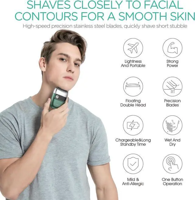 Alt view image 2 of 6 - VOYOR Foil Shaver 2 in 1 Double Shavers for Men,Portable Electric Razor with Rechargeable Foil Razor Multifunction Grooming Barber Shaver IPX6 Washable Travel Shavers ER300 (Green)
