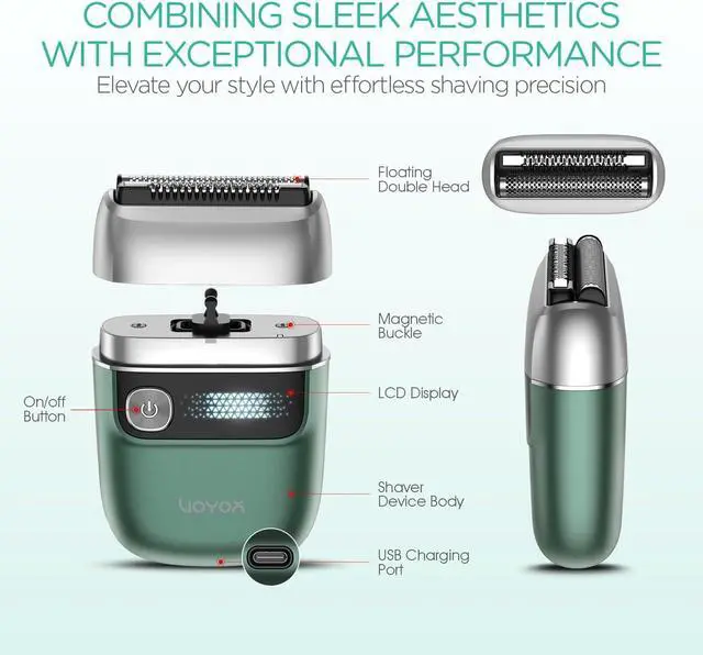 Alt view image 6 of 6 - VOYOR Foil Shaver 2 in 1 Double Shavers for Men,Portable Electric Razor with Rechargeable Foil Razor Multifunction Grooming Barber Shaver IPX6 Washable Travel Shavers ER300 (Green)