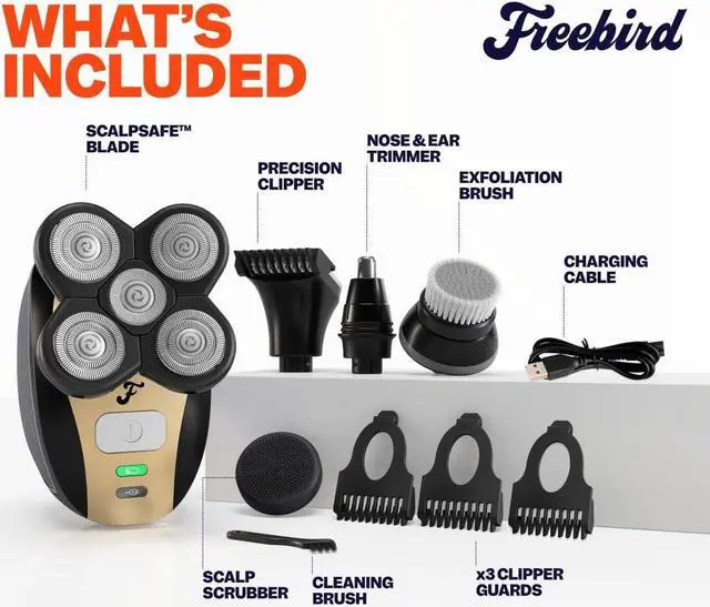Alt view image 3 of 7 - The FlexSeries Electric Head Hair Shaver - Freebird - Ultimate Mens Cordless Rechargeable Wet/Dry Skull & Bald Head Waterproof Razor with Rotary Blades, Clippers, Nose Trimmer, Brush, Massager