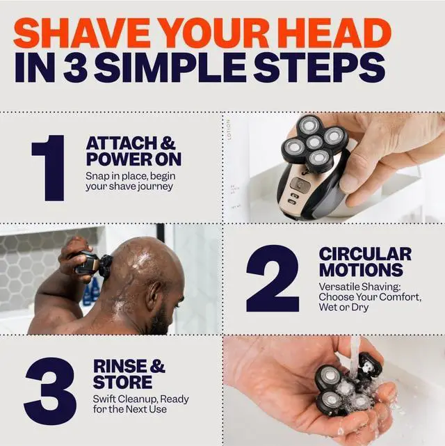 Alt view image 6 of 7 - The FlexSeries Electric Head Hair Shaver - Freebird - Ultimate Mens Cordless Rechargeable Wet/Dry Skull & Bald Head Waterproof Razor with Rotary Blades, Clippers, Nose Trimmer, Brush, Massager
