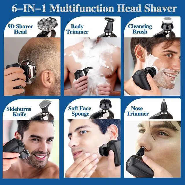 Alt view image 4 of 7 - 9D Electric Head Shaver for Bald Men, Upgraded 6-in-1 Head Shaver for Bald Men, Waterproof Wet/Dry Grooming Kit Electric Shaver for Men, Cordless Rechargeable Bald Head Razor for Home&Travel