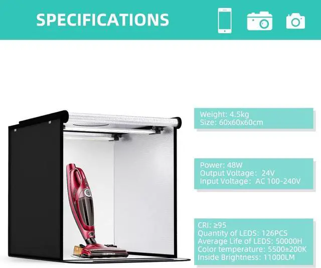 Alt view image 5 of 7 - Photo Box, 8 PCS Backdrops Travor Photo Light Box 24 x 24 inch Dimmable Photography Lighting Shooting Tent Kit with 126 PCS LED Lights, Portable Bag (White Black Red Blue Green Yellow)