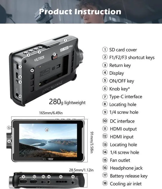 Alt view image 4 of 6 - VILTROX DC-550 PRO Touchscreen Camera Video Monitor, 5.5 Inch 1200nits 4K HDMI in/Out Video Field Monitor Kit with Battery - On-Camera Touchscreen Monitor, 3D LUT, 1920X1080