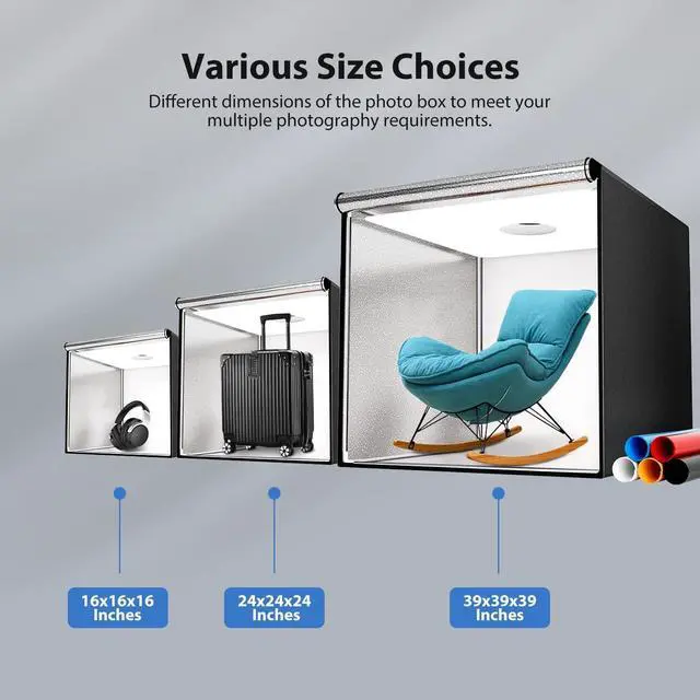 Alt view image 5 of 7 - Photo Studio Light Box,39x39 Inch/100x100cm 210 LED Professional Photo Background Shooting Tent with 3 Stepless Dimming Light Panel, Lightbox with 5 Color Backdrops for Product Photography