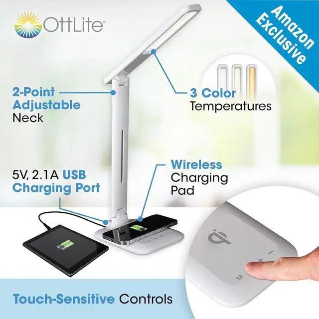 Alt view image 2 of 7 - Charge Up LED Desk Lamp with Wireless Qi Charging & USB Port, ClearSun Technology - Adjustable Neck, 3 Color Temperature Modes, Reduces Eyestrain Travel-Friendly Task by DT