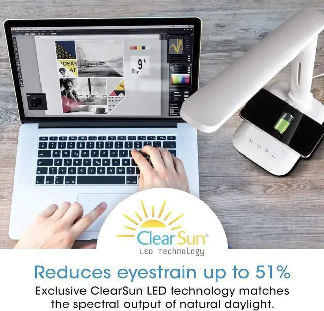 Alt view image 3 of 7 - Charge Up LED Desk Lamp with Wireless Qi Charging & USB Port, ClearSun Technology - Adjustable Neck, 3 Color Temperature Modes, Reduces Eyestrain Travel-Friendly Task by DT