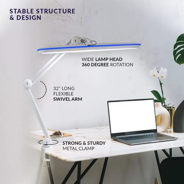 Alt view image 3 of 7 - Neatfi XL 2,200 Lumens LED Desk Lamp with Clamp, 23 Inches 24W Bright Desk Light, Adjustable Arm, Dimmable Lamp for Home, Office, Nail Light for Desk, Eye Caring Study Lamp (Non-CCT with Clamp, White)
